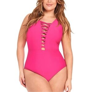 New LYSA PLUS Size Pink Juliana One-Piece lace-up front Swimsuit